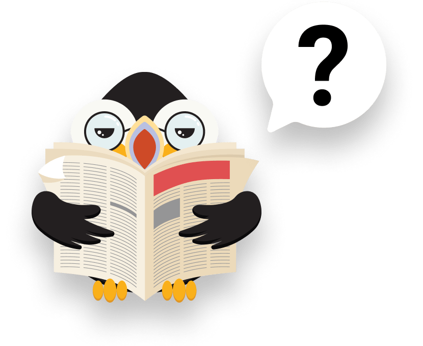Puffin reading paper and having question mark on head